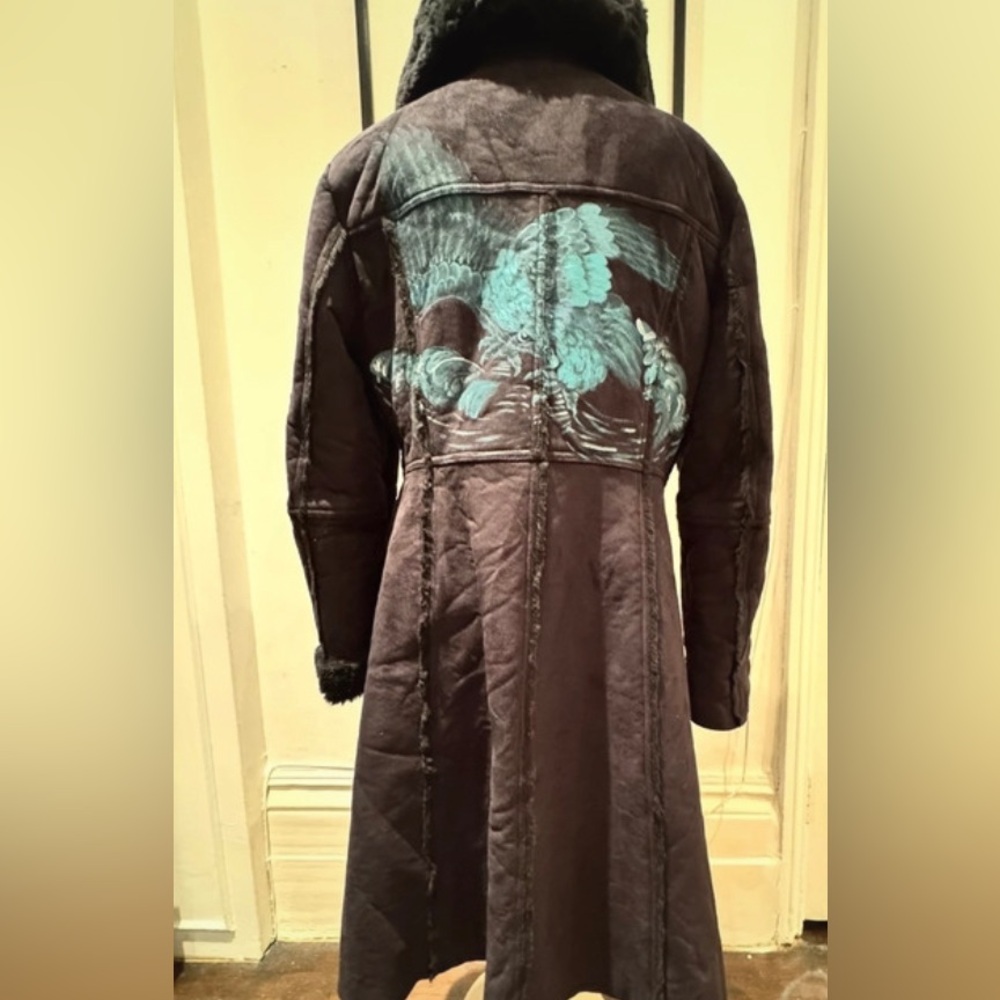 Kenzo black faux shearling coat  with hand painted eagle back